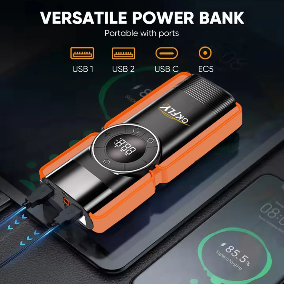 

GKFLY Car Jump Starter 2000A Power Bank 12V Digital Tire Inflator 4 in 1 Pump Air Compressor 150PSI Emergency Battery Booster