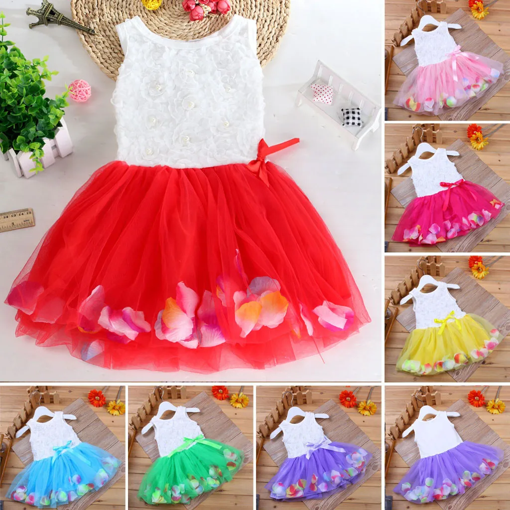 Summer Floral Applique Toddler Kids Dresses Baby Girls Flower Lace Heart Splice Tulle Tutu Dress Party Princess Dress Vestidos