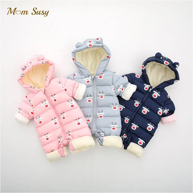 

Newborn Baby Boy Girl Cotton Padded Hooded Elk Print Romper Winter Infant Toddler Jumpsuit Warm Thick Xmas Baby Clothes 0-2Y