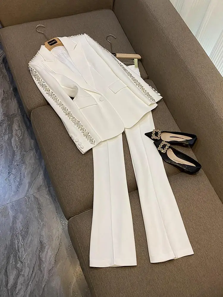 

High-End Heavy-Du Mid-Length Suit Jaet Wide-Leg Pants Faionable Diamond-Encrusted Two-Piece Set Ele Workwear