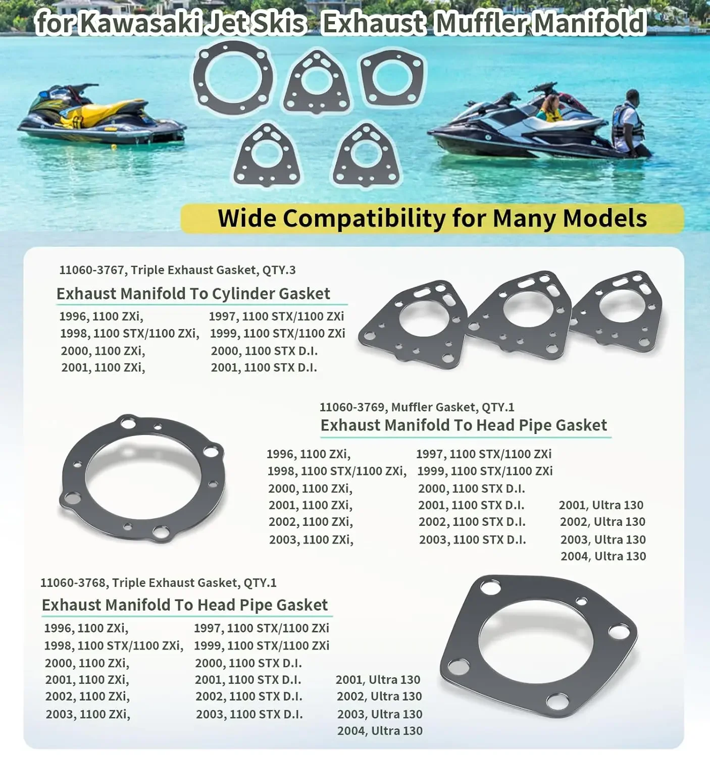 Picture 6: 5 Pack Exhaust Rebuild Gaskets Seals Kit Replacement for Kawasaki Jet Skis 1100 ZXI/1100 STX/Ultra 130