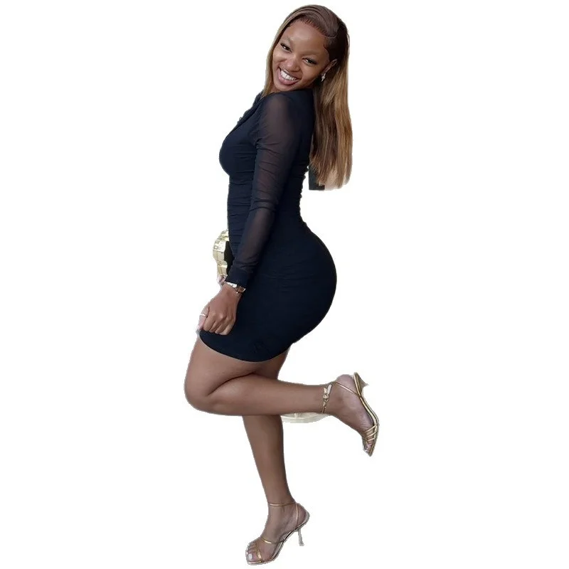 Elegancka, dopasowana mini sukienka damska z długim rękawem, siateczkowymi wstawkami, na jedno ramię, marszczona, w jednolitym kolorze, do biura, na imprezę, do klubu, nowość 2025