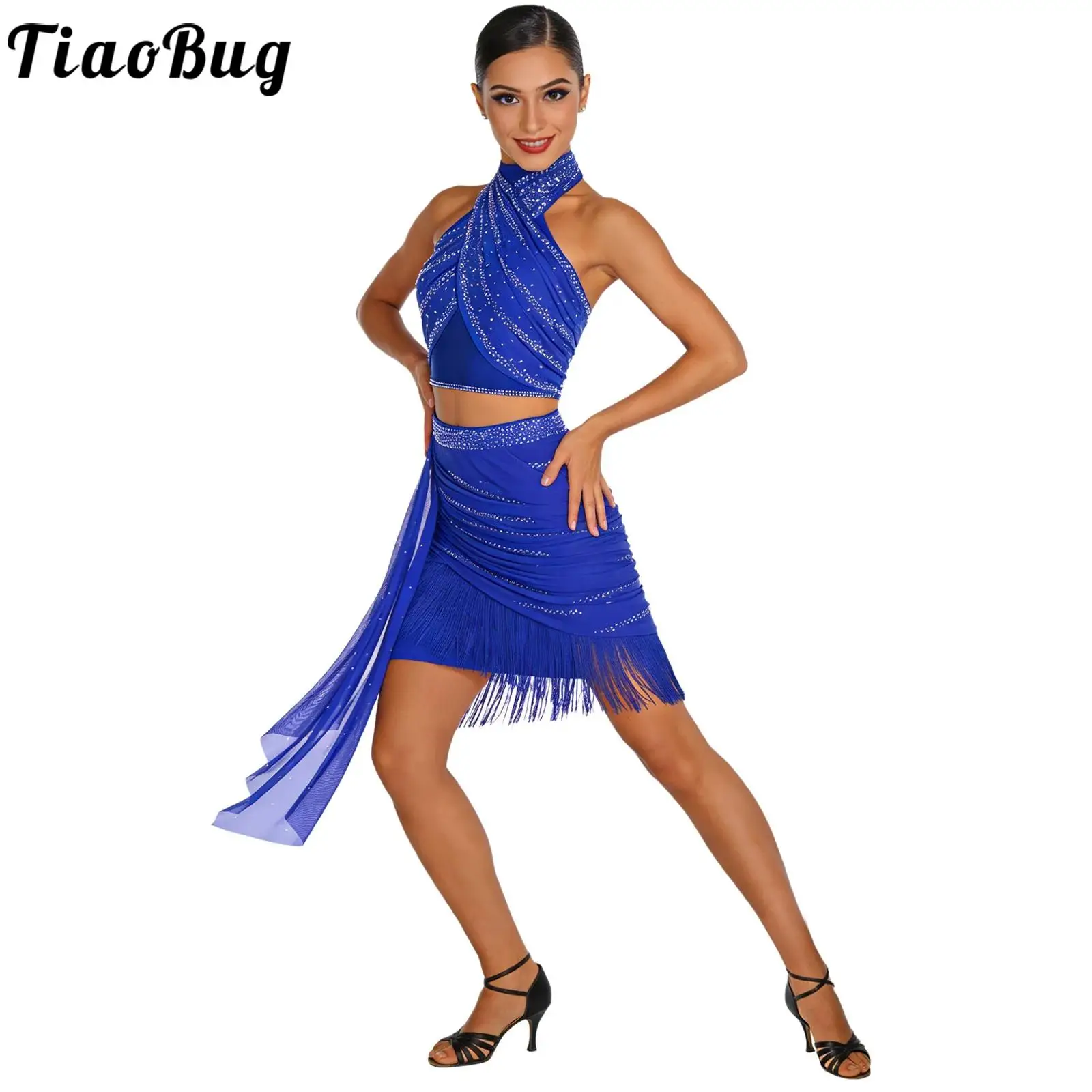 

Women Salsa Latin Tango Samba Tango Dance Outfit Halter Rhinestones Ruched Crop Top And Tassel Skirt for Performance Competition