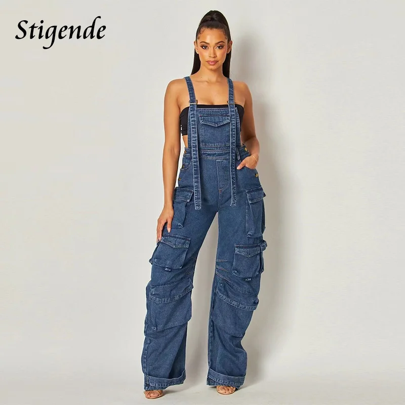 Stigende Multiple Pockets Overalls Jeans Women Wide Leg Denim Jumpsuit Pants