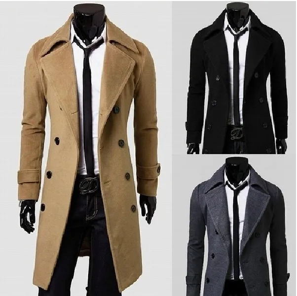 Simple Trench Coat Double-breasted Male Men Coat Coldproof Pure Color Jacket