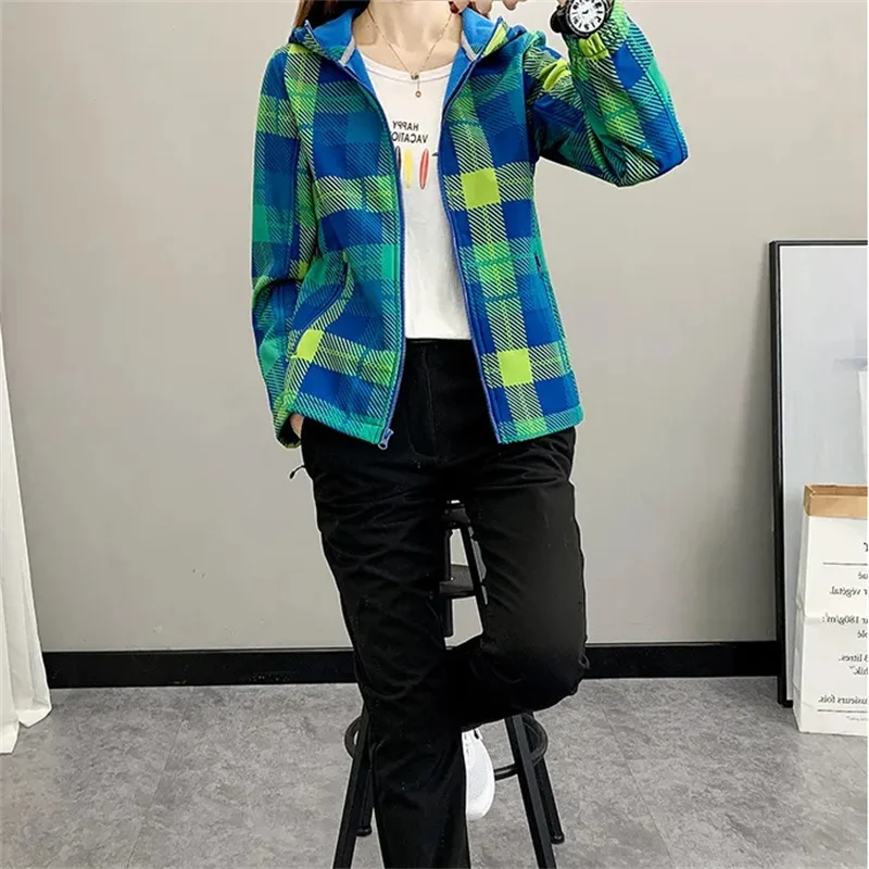 Neue Frühling Herbst Winter Plaid Jacke Mode Frauen Im Freien Winddicht Warme Fleece Bergsteigen Sport Mantel Oberbekleidung