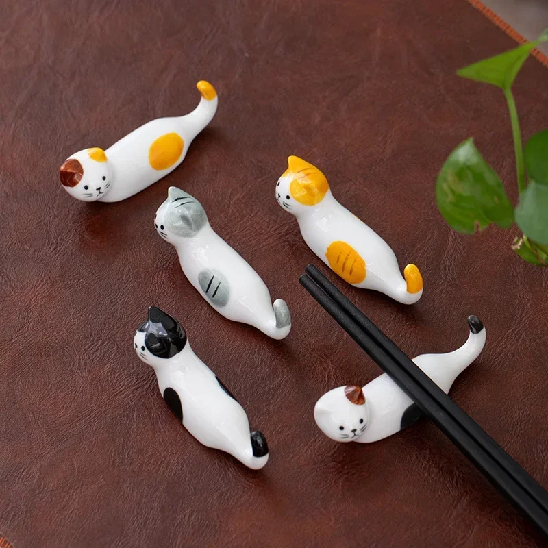 1/5 Pcs Ceramic Cute Cat Chopstick Holder Tableware Japanese Style Underglaze Restaurant Oval Spoon Bracket Utensil for Kitchen