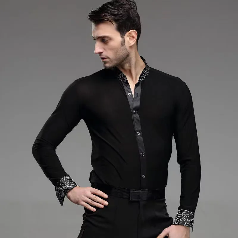 New Mens Dance Shirt Print Collar Standard Competition Performance Ballroom Modern Salsa Tango Samba Male Latin Tops Dancewear