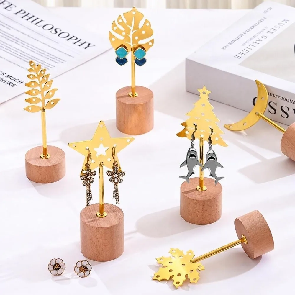 Metal Iron Earring Display Stand Wooden Base Desktop Decoration Ornament Earring Display Holder Jewelry Organizer Holder
