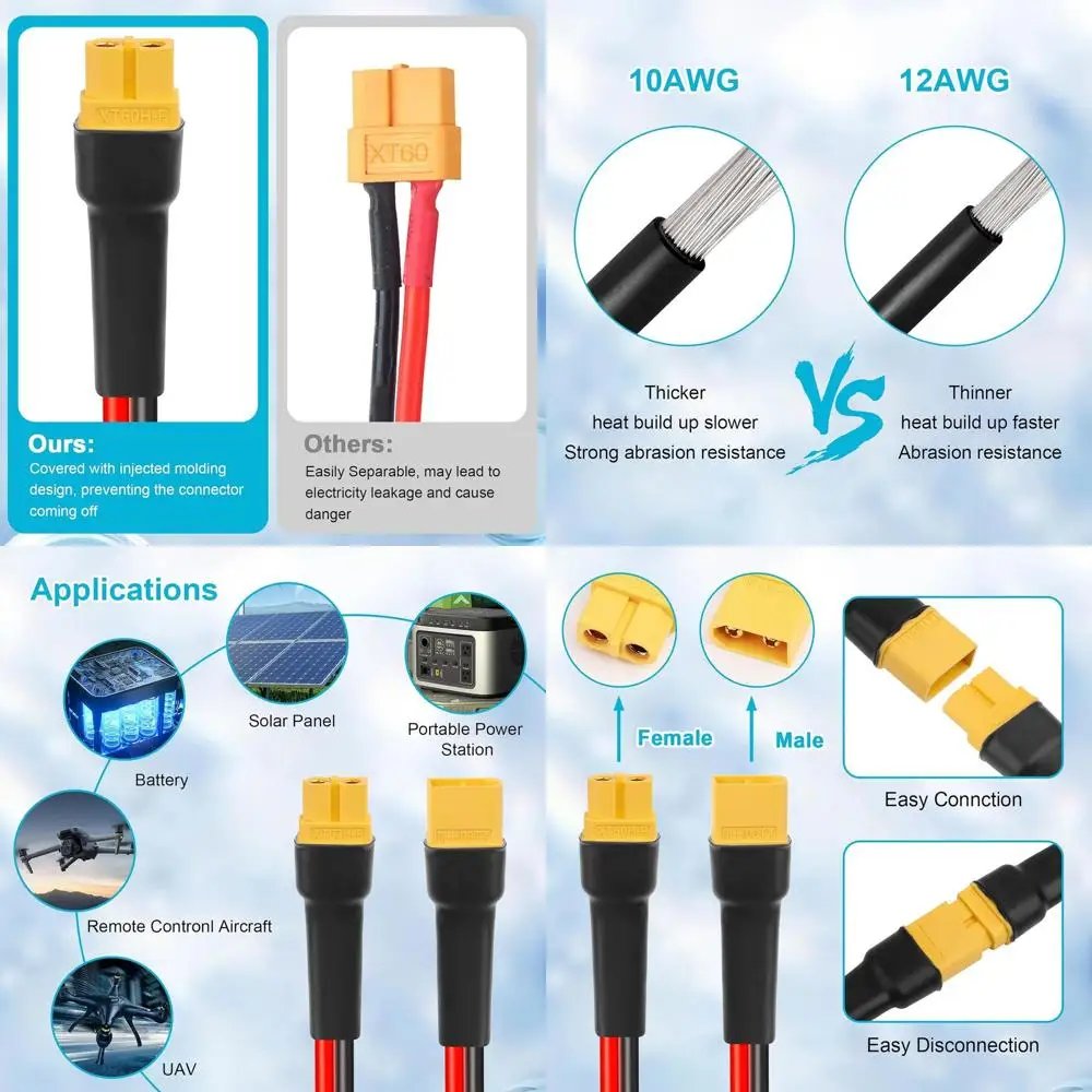 

10AWG 40T XT60 Extension Cable, 2-100T, Female to Male, Portable Power Station Compatible, RC Battery Charger