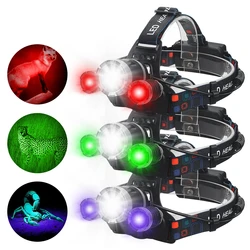 LED Headlamp Green/Red/UV 395nm+White Powerful Dual Light Headlight USB Rechargeable Outdoor Waterproof Head Lamp Head Torch