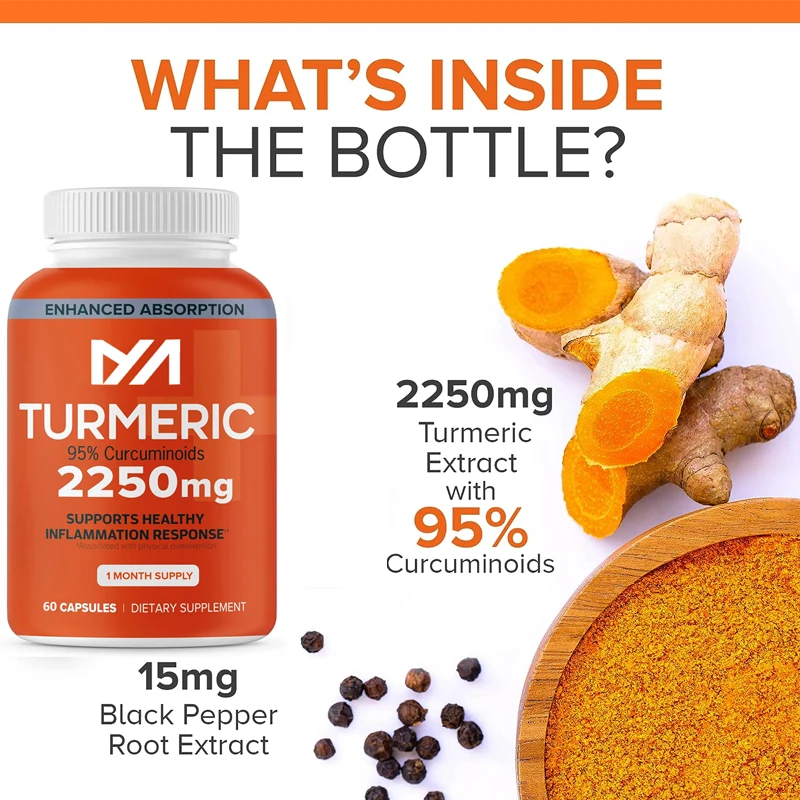 

Curcumin contains black pepper, turmeric extract contains 95% curcumin, enhances absorption, and is a joint support supplement