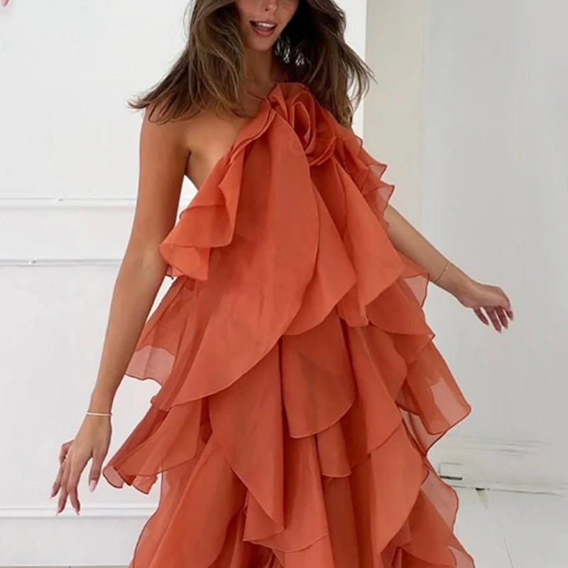 Primavera 2025 Faionable Feminino Dr Floral 3D Embelezado Decoração em camadas Rua Sle Casual Desgaste diário Poliéster