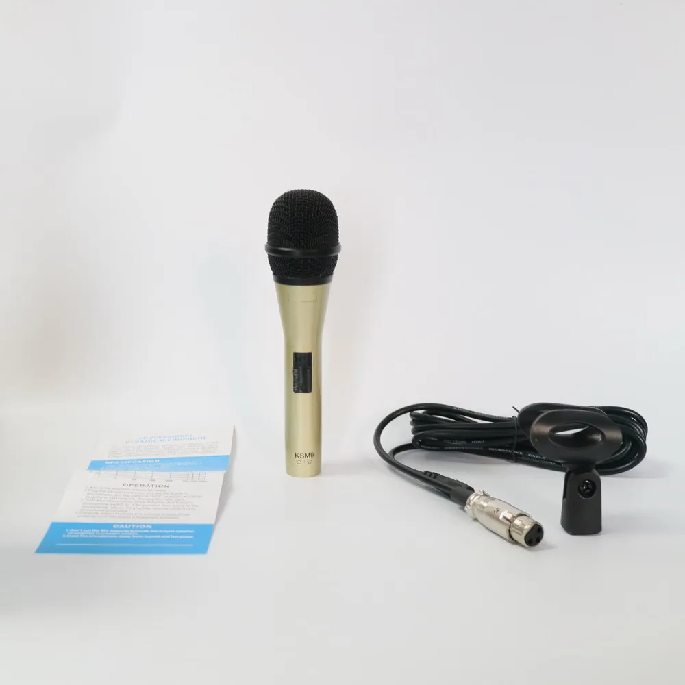 Novo microfone portátil dinâmico cardioide dourado ksm9, microfone de metal para palco, dj, karaokê, gravação vocal, xlr, 3 pinos a 6.35mm, cabo