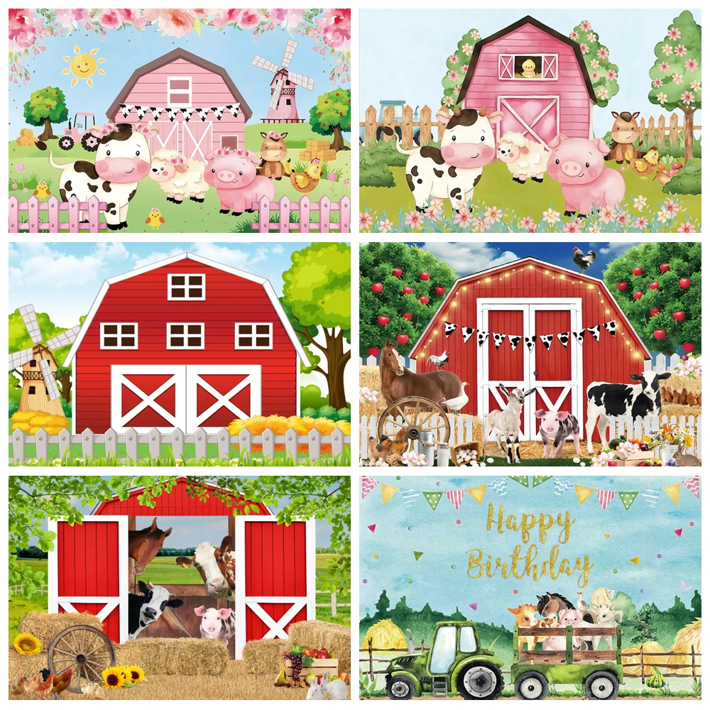 

Cartoon Rural Farm Animal Barn House Cow Circle Newborn Baby Birthday Shower Photography Background Decor Photocall Photo Studio