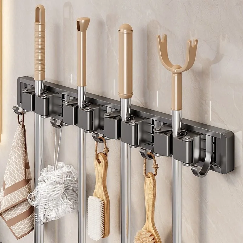 Montato a parete Organizzatore di scopa e scopa Rack Con 5 ganci Forte Supporto per mocio Perforazione Per Cucina Bagno Pulizia Strumenti di stoccaggio