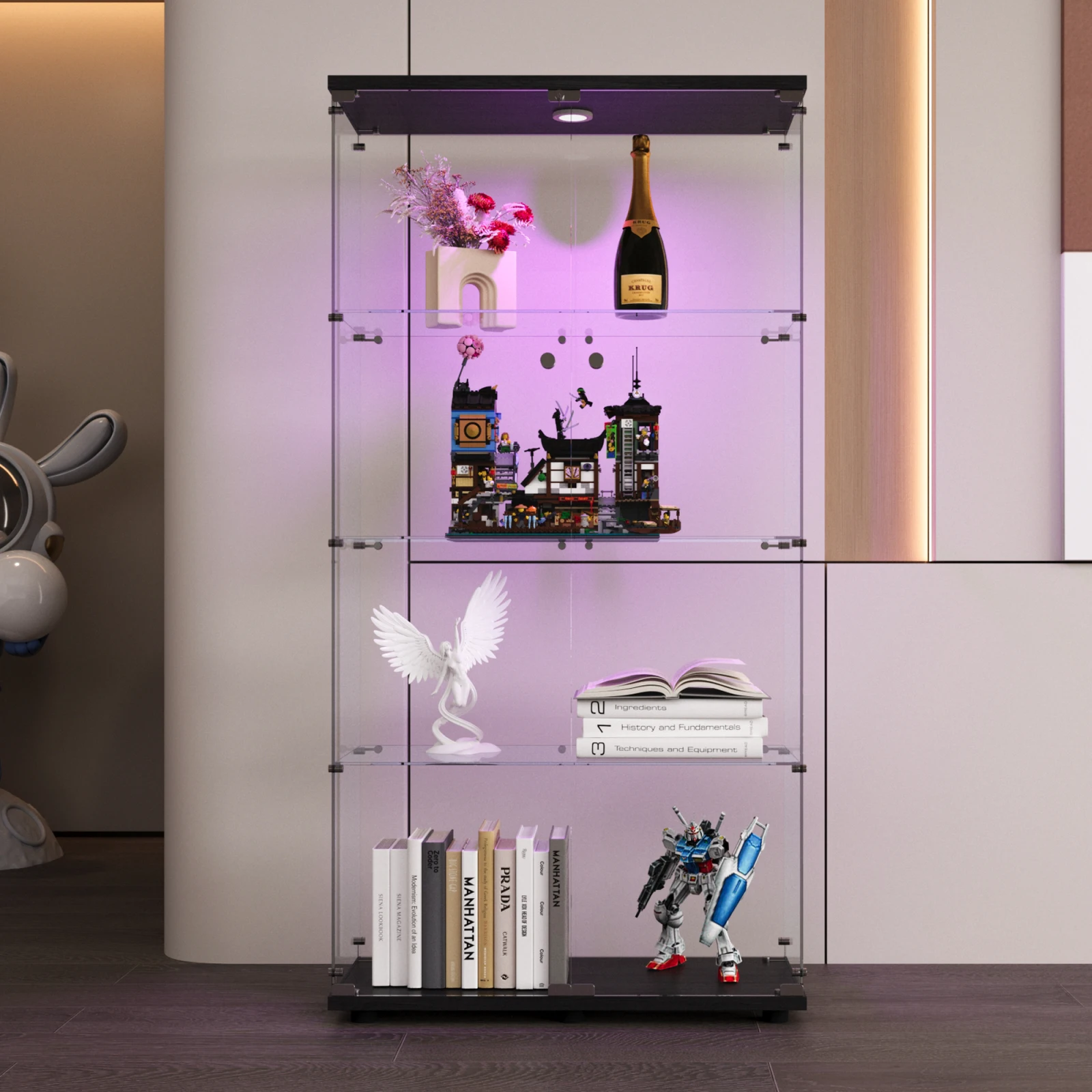 Vitrine en verre Anajqaqia, 2 portes, 4 étagères, avec éclairage LED, 80,49 x 36,49 x 163,9 cm, Noir