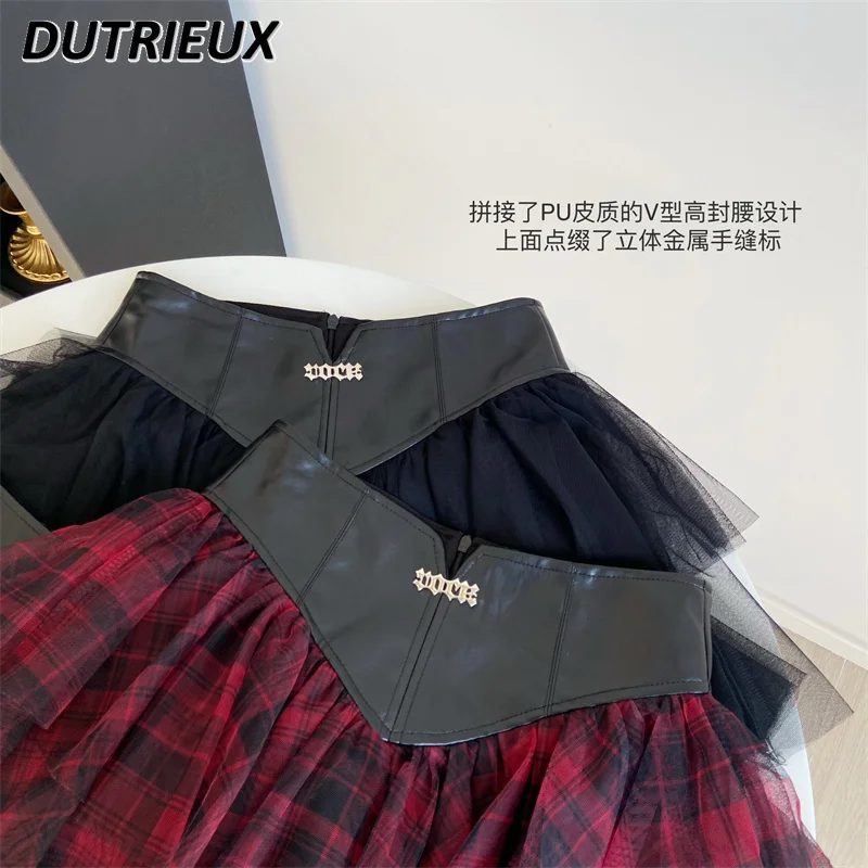 Summer New American Hot Girl Style Mesh Stitching Red Plaid Short Skirt Retro High Waist Sweet Pleated Miniskirt Mini Skirts