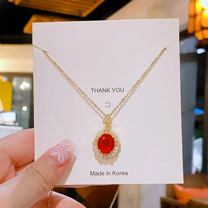 

Luxury Full Zircon Red Crystal Pendant Necklace For Women Titanium Steel Girls Couple Lady Gift Fashion Jewelry