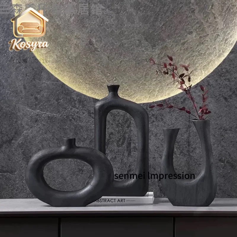 Black Solid Wood Art Dried Vase Living Room Flower Arrangement Hotel Sales Office Model Room Decoration