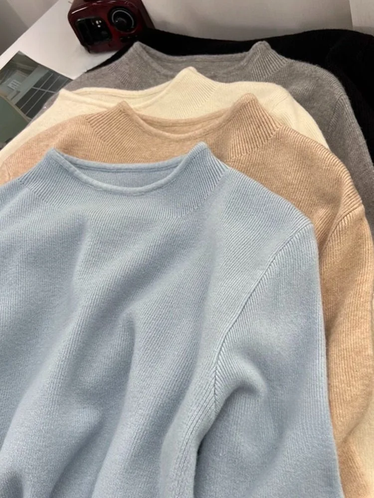 

Мягкий уютный женский вязаный свитер с высоким воротником, повседневный, теплый, нежно-голубой, базовый, для ношения под одеждой, осенний, модный
