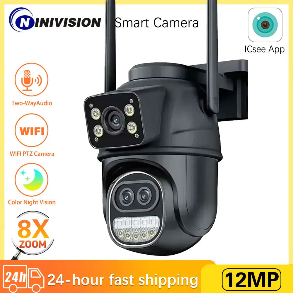 كاميرا iCSee WiFi 12 ميجابكسل 8X PTZ تكبير شاشات مزدوجة تتبع تلقائي للرؤية الليلية كاميرا مراقبة CCTV كاميرا IP للأمن الخارجي