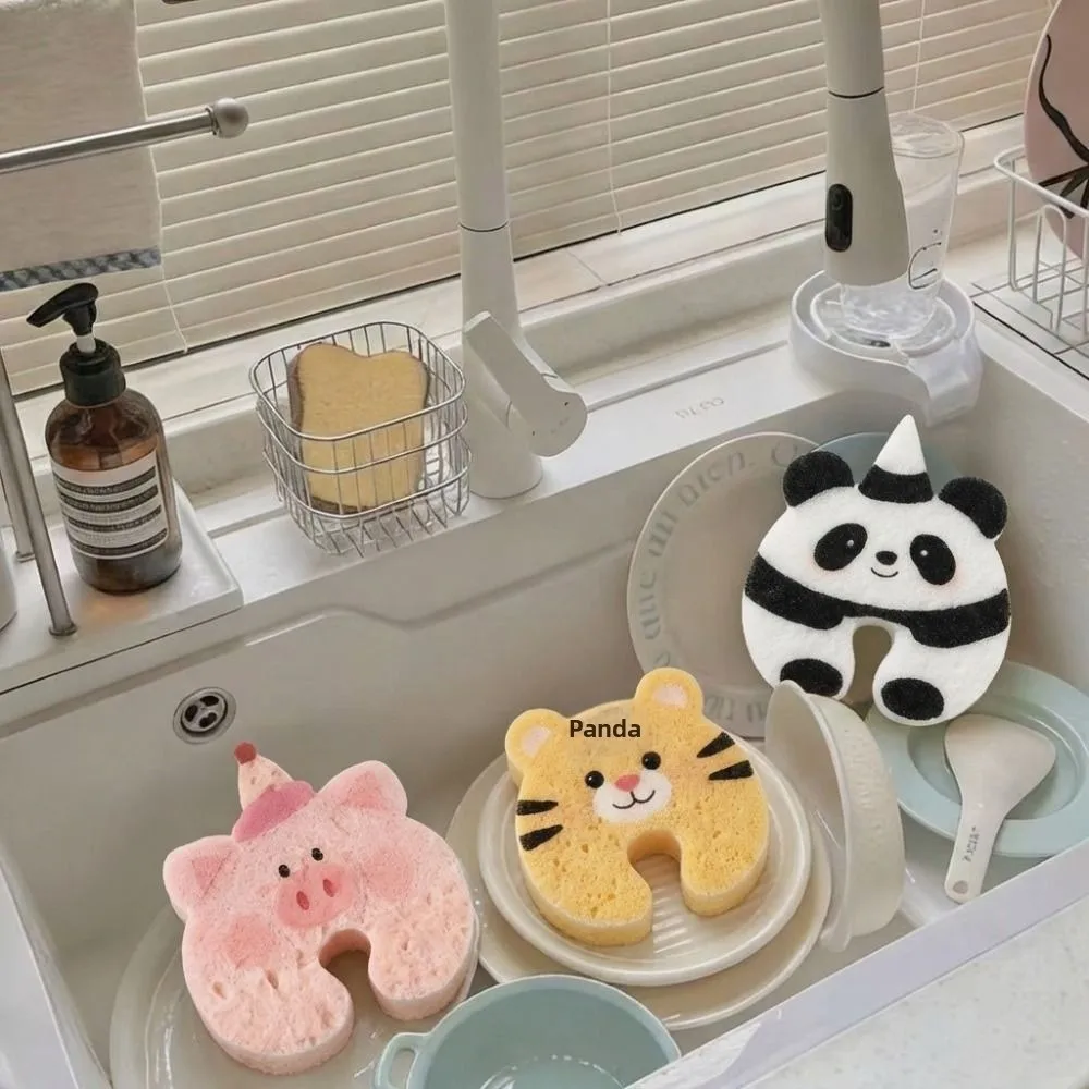 Panda/Tiger/Pig Shapes U-Shaped Groove Sponge Quick-dry Absorbent Pot Scrubber Sponge Space-saving Non-scratch