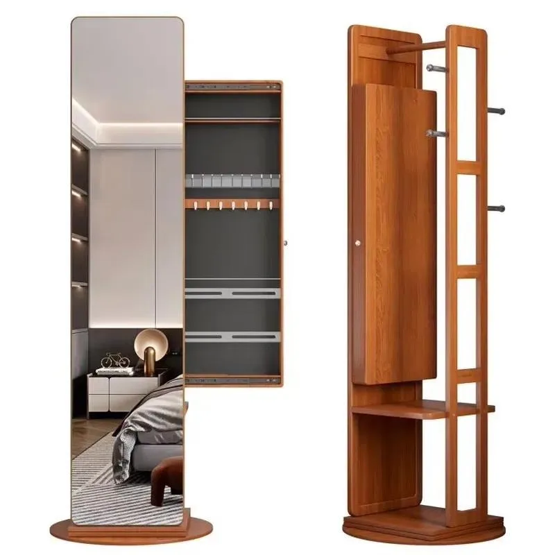 360 Degree Rotatable Full Length Mirror with Jewelry Storage Cabinet Foldable Cosmetic Stand Independent Wardrobe Organizer