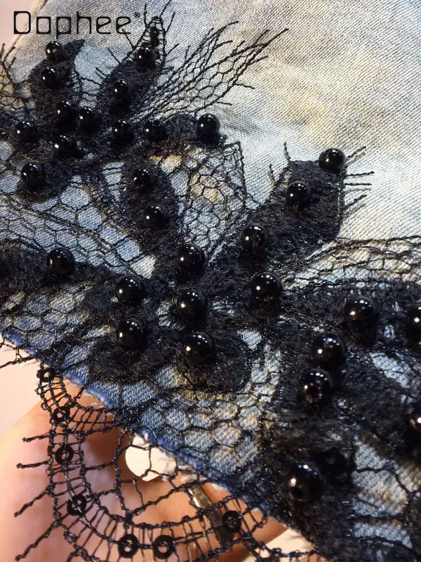 빈티지 헤비 인더스트리 비즈 레이스 스플라이싱 하이웨이스트 슬림 숏 팬츠 유럽풍 패션 솔리드 컬러 베이직 와이드 팬츠