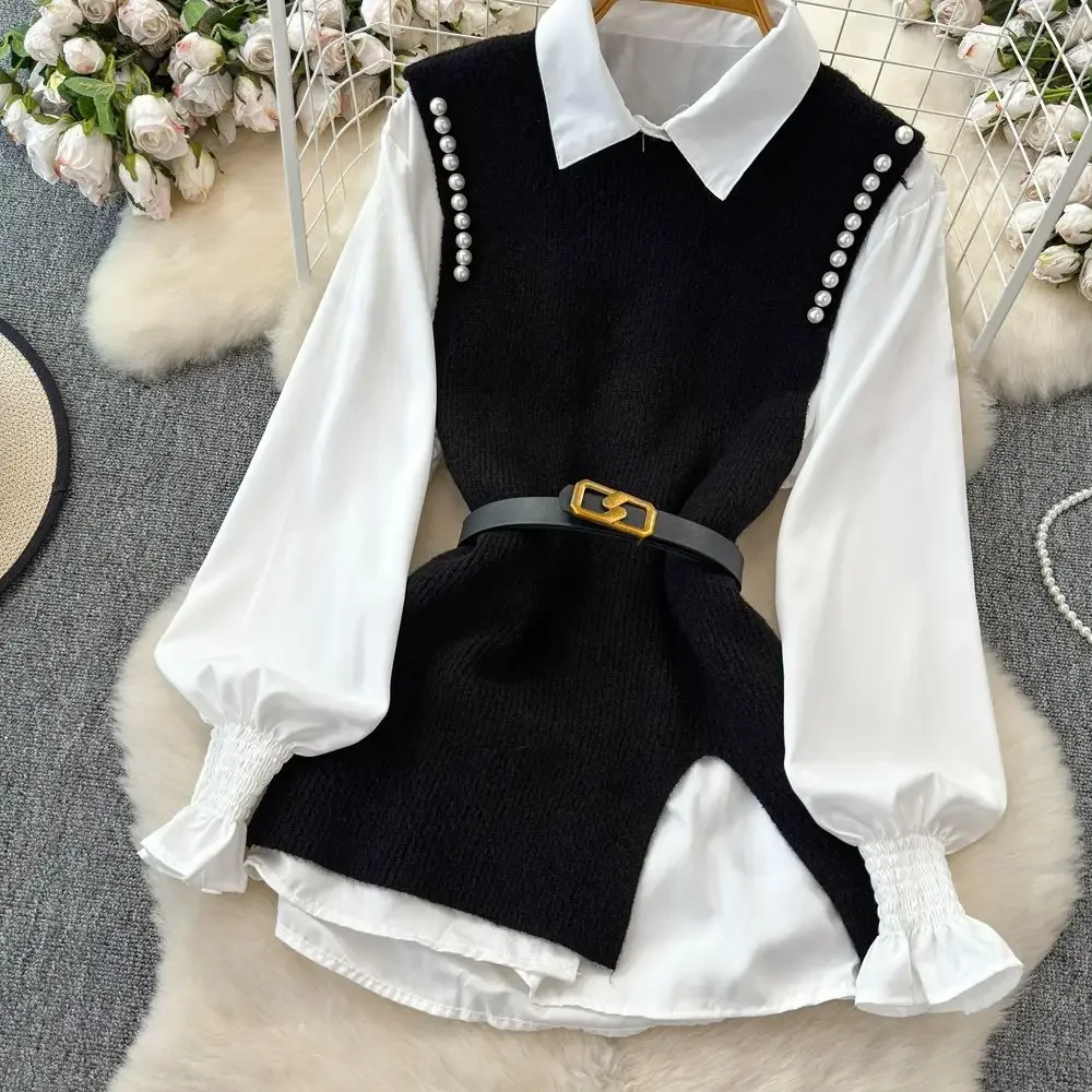 Women\'s Autumn Winter Graceful Lucky Red Pearl Sweater Vest Shirts Two Piece Set Lady Falls Knit Tank Tops Blouse with Belt