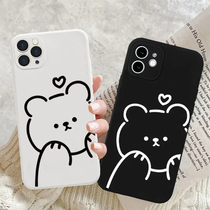 

Cute Simple Bear Paired Couple Phone Case For iPhone 16 15 13 12 11 14 Pro Max Mini XR X XS 7 8 Plus SE Cartoon Cover Fundas