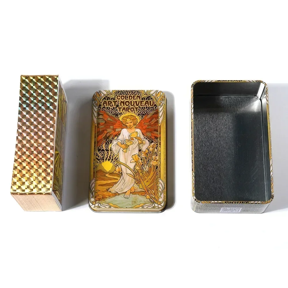 10.3*6 cm Golden Art Nouveau Tarot in A Tin Box with Guidebook 78Pcs Board Game