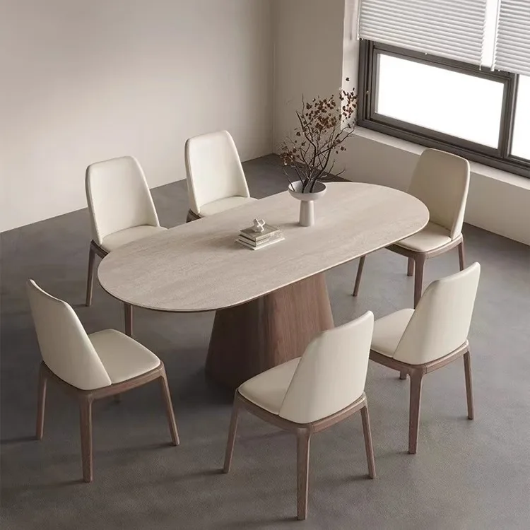 Nordic French Retro Oval Wood Dining Room Table 6 Seater Walnut Restaurant Dinner Table And Chairs Set Kitchen Furniture