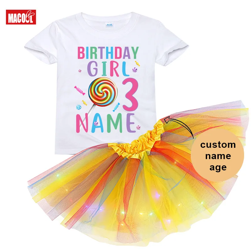 

Girls Birthday Party Outfits Birthday Tutu Outfit Lollipop Candy T Shirt Outfit Suits Custom Name Dress Set LED Glow light Tutu