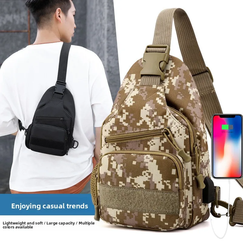 Waterproof Oxford Cloth Camouflage Chest Bag for Men Outdoor Mountaineering Crossbody Shoulder Bag with USB Charging