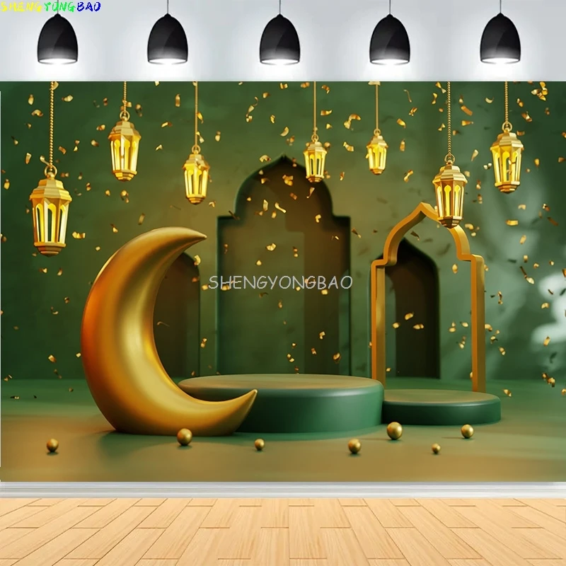 Ramadan Shiny Golden Crescent Moon Lanterns Background Eid Mubarak Arabic Islamic Mosque Palace Photography Backdrops MO-04