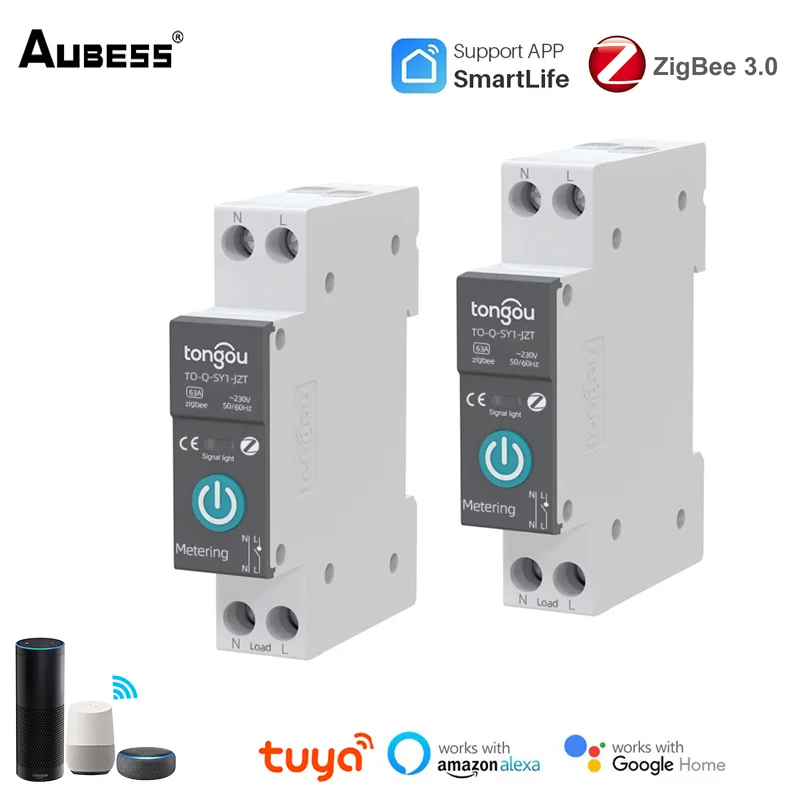 Aubess Tuya ZigBee Smart Circuit Breaker Switch 1P 63A DIN Rail With Metering For Home Smart Home Smart Life/Tuya App Control