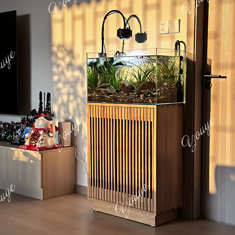 

Log style ecological fish tank, red oak solid wood bottom custom cabinet, integrated landscaping self-circulating tank