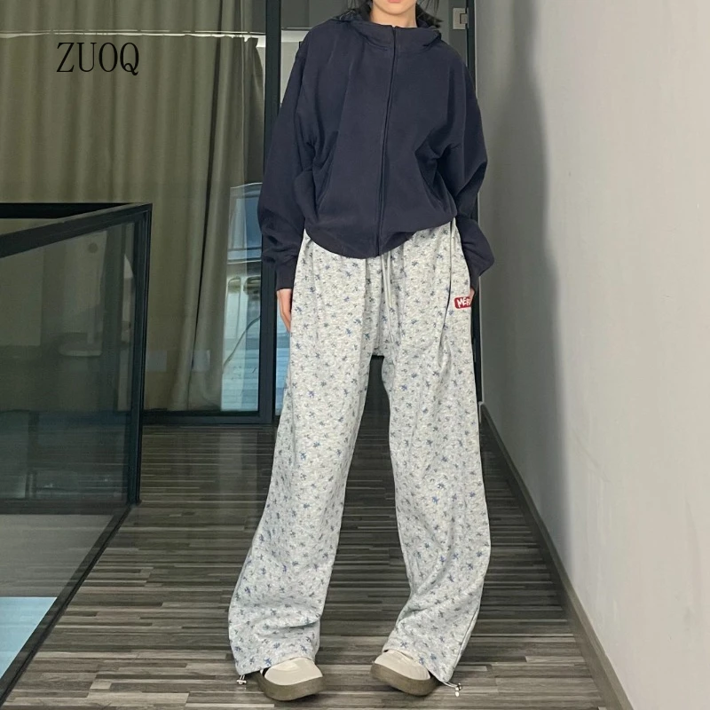 American Floral Wide-legged Pants Women's Drawstring Full Length Mid-waisted Straight Loose Versatile Casual Sweatpants Female