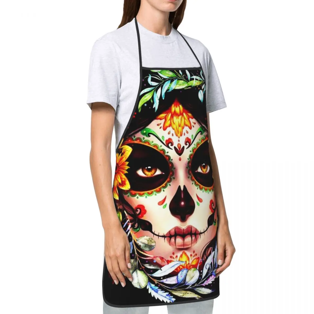 Custom Unisex Halloween Catrina Sugar Skull Bib Apron Chef Tablier Cuisine for Cooking Day Of The Dead Mexican Lady Baking