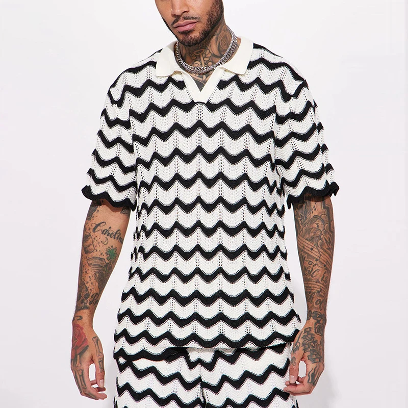

Fashion Striped Jacquard Knit Outfits Men Two Piece Sets 2023 Summer Casual Short Sleeve Lapel Polo Shirt And Shorts Men's Suits