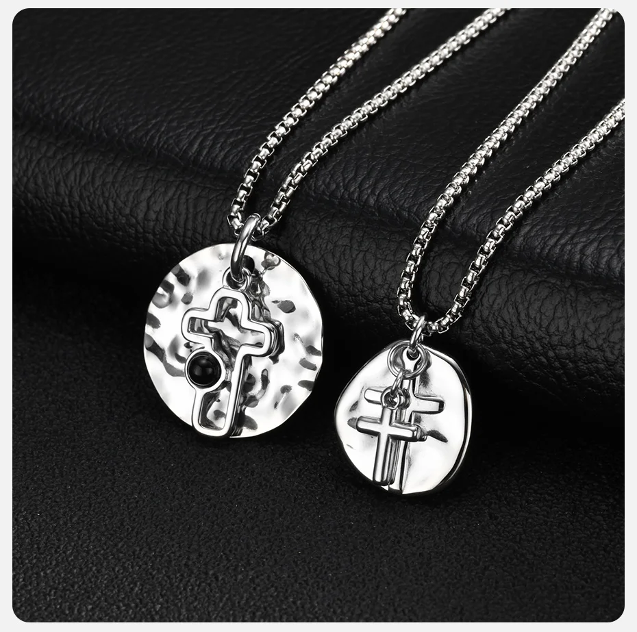 Vnox Herren-Halskette aus gehämmertem Edelstahl, hohler Kreuzanhänger aus natürlichem schwarzem Onyx, Kastenkette, Punk-Religions-Schmuck, Geschenk – Detail 5