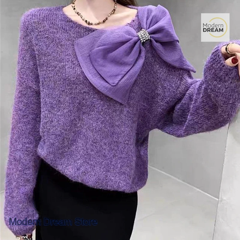 French purple sweater giant beautiful bow sweater women's autumn and winter new fashion high-grade loose chic sweater top.