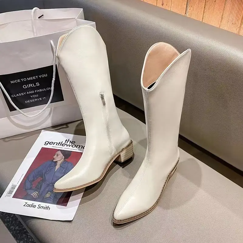 2021 New INS Women Beige High Heels Wedges Long Boots Lady Riding Cowboy Boots Winter Designer Pointed Toe Knee Thigh High Boots