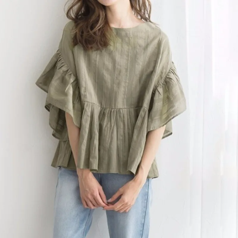 

Loose Cotton Blend Women's irt round Ne Bell Sve Color Summer Casual Versatile Faionable Japanese Sle Top