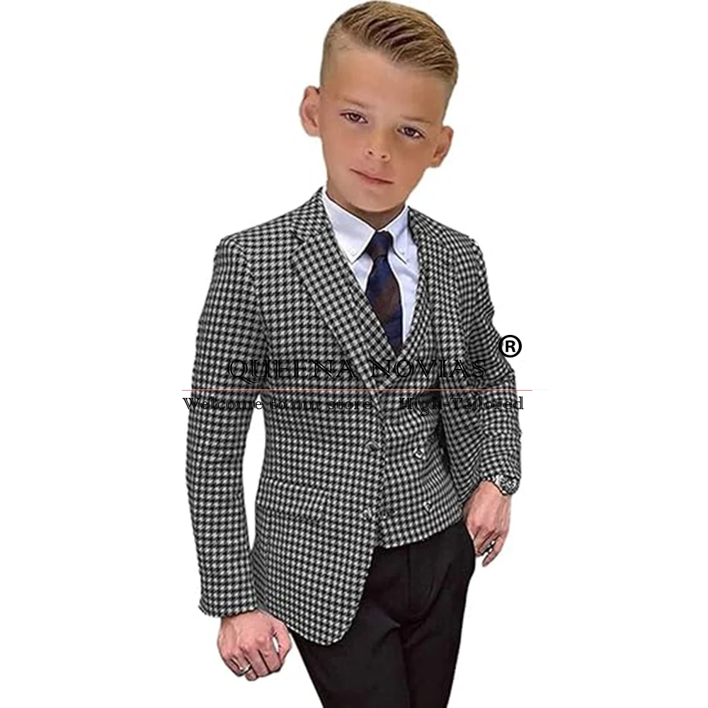 3-Piece Houndstooth Tweed Suit para meninos, casamento, portador de anel formal, blazer, colete, calças, traje, casamento, crianças, casamento