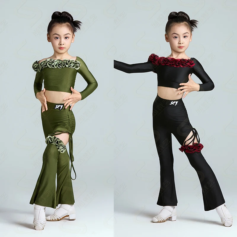 vetements-de-danse-latine-pour-filles-hauts-a-manches-longues-et-pantalons-costume-vert-et-noir-pour-enfants-vetements-d'entrainement-de-danse-de-salle-de-bal-cha-nouvelle-collection-2025