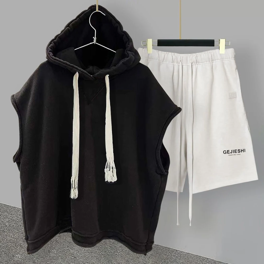 Casual Sports Shorts Suit Men\'s Summer Solid Color Hooded Vest Letter Printing Straight Five-point Pants Loose and Versatile