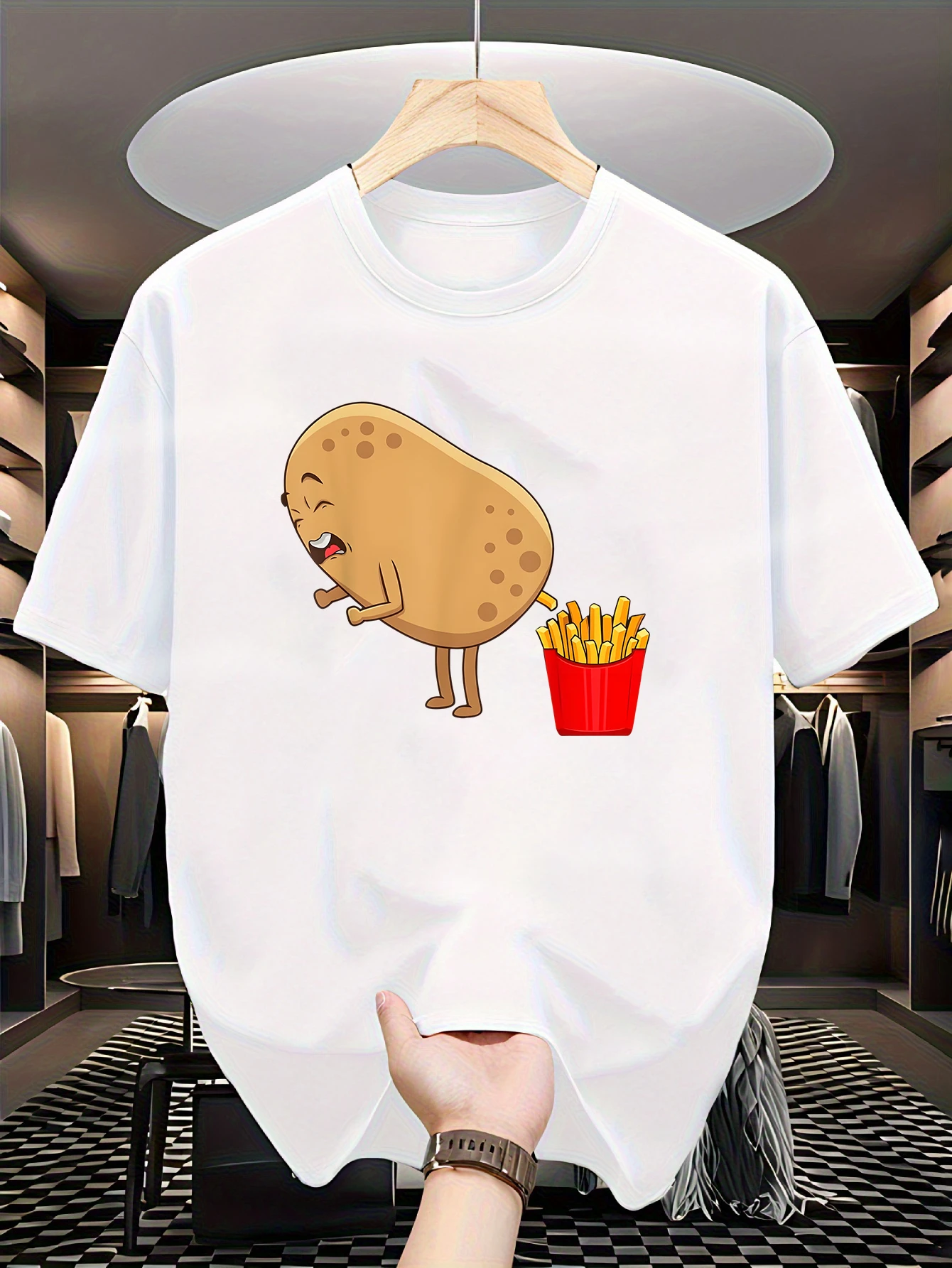 A Funny T-Shirt with Potato and French Fries Print, Round Neck, Short Sleeves, Geometric Design; Comfortable for All Seasons, Suitable for Both Men and Women as Casual Everyday Wear