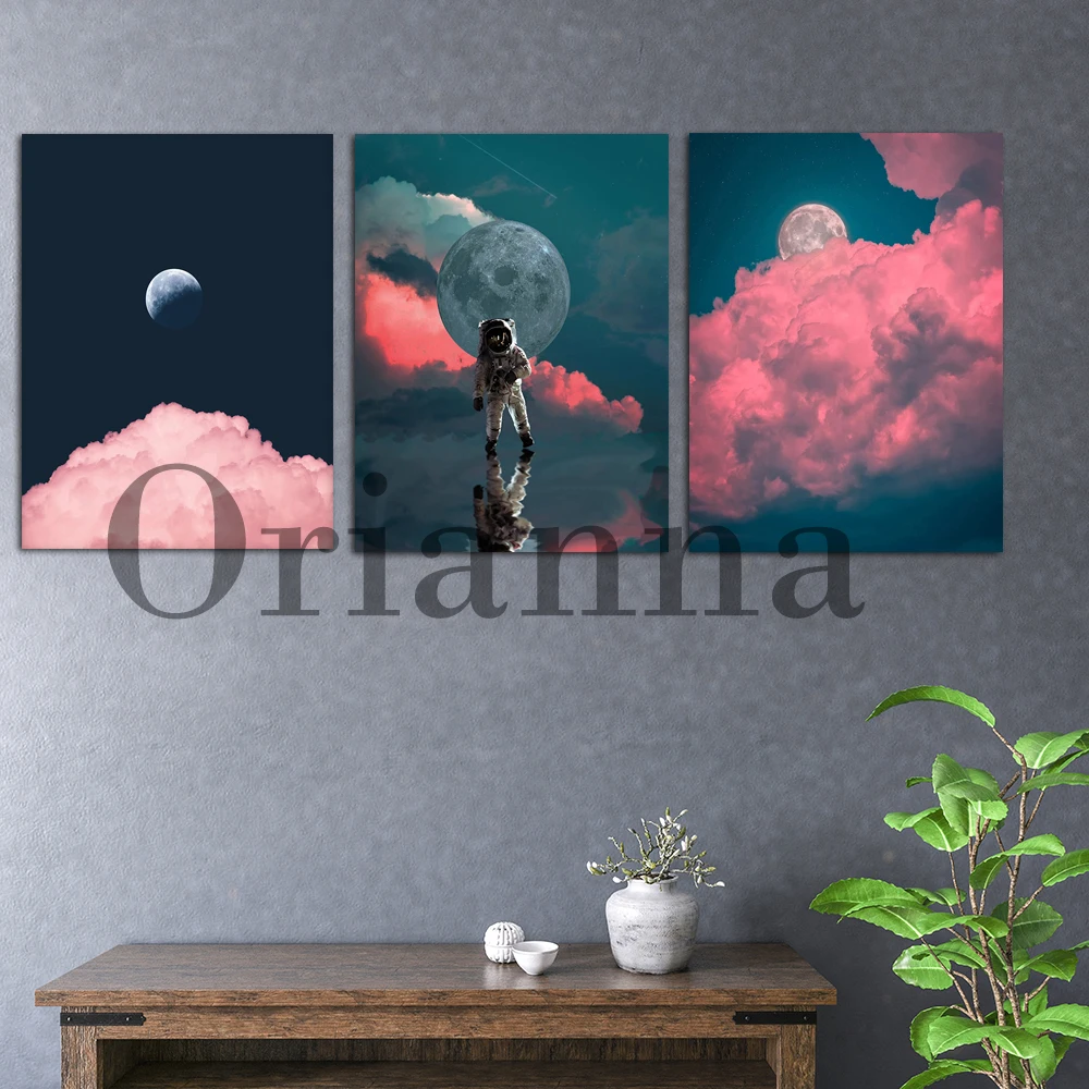 Half Moon Cloud Space Pink Skyscape Astronauts Wall Art Print Poster Nordic Modern Home Living Room Kid Room Decor Painting Gift